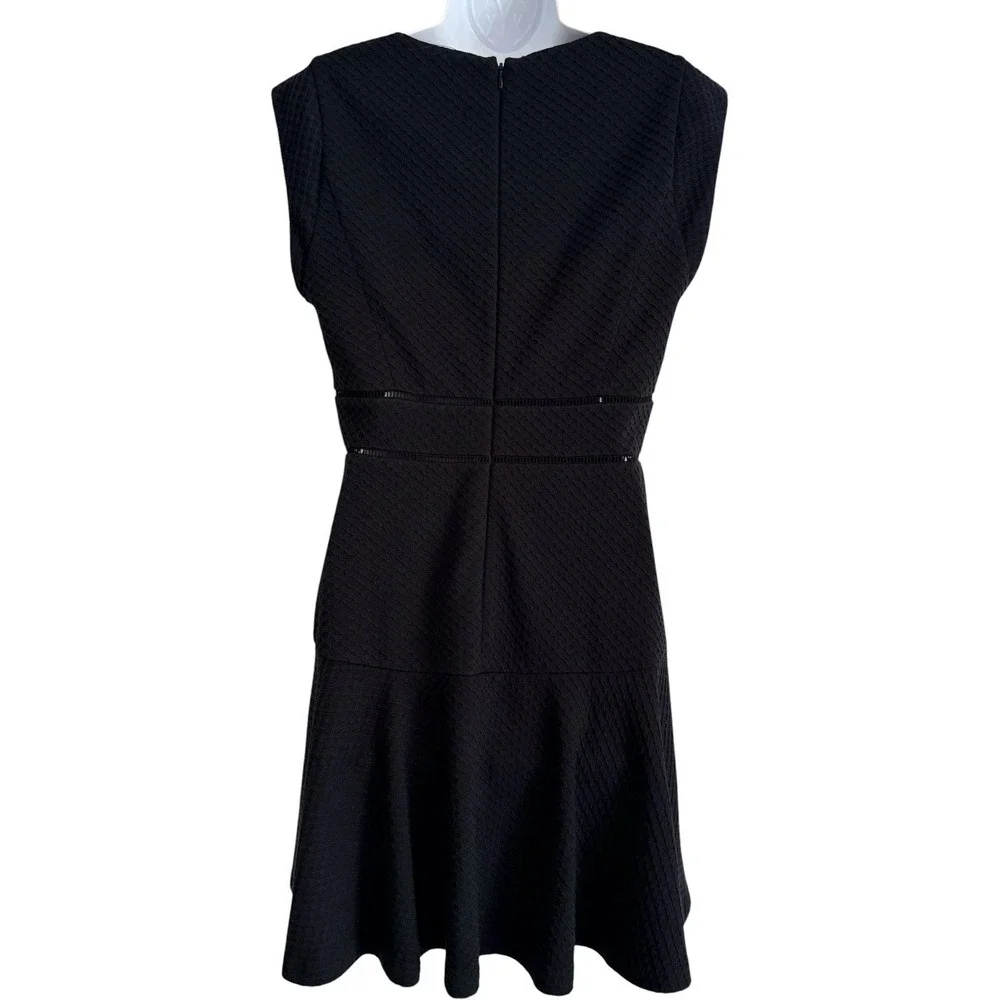 Rebecca Taylor Dress 10 Black Textured Fit‎ Flare Ladder Lace Cap Sleeve V Neck